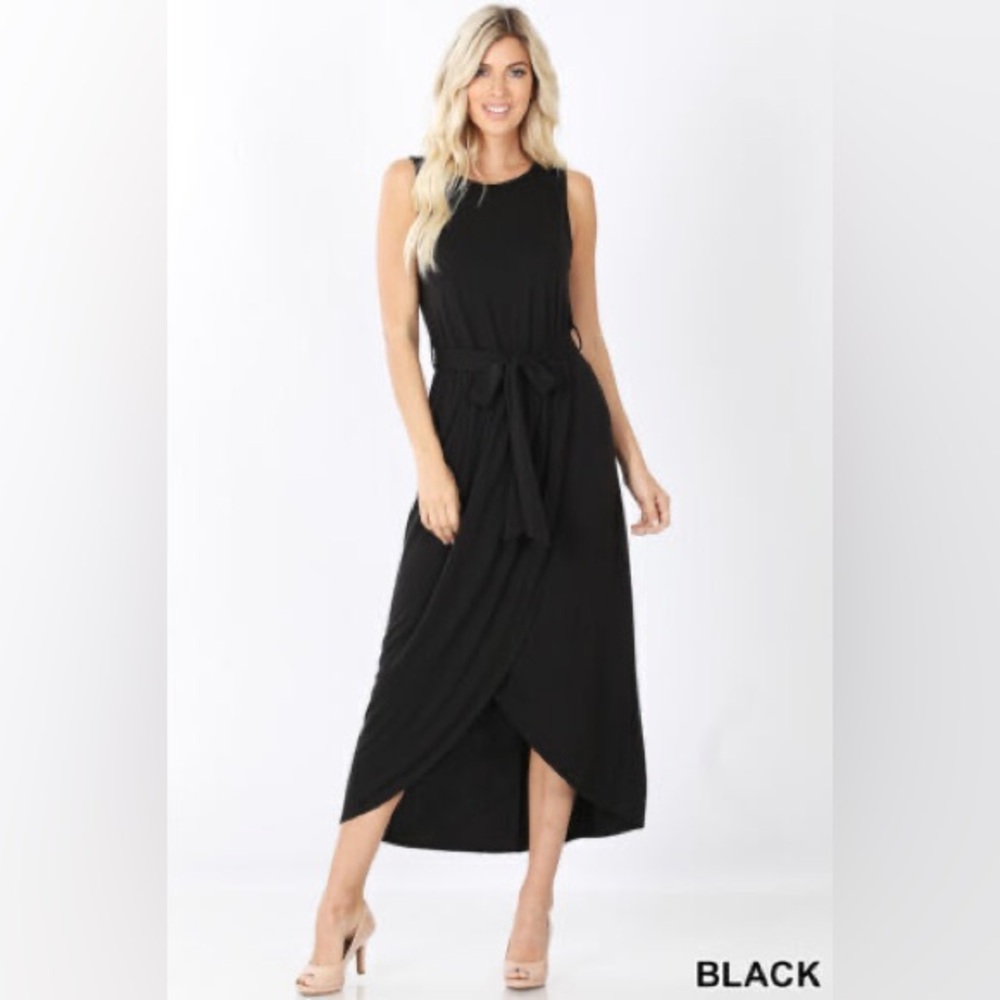 Women's Round Neck Sleeveless Tulip Hem Belted Midi Long
Dress